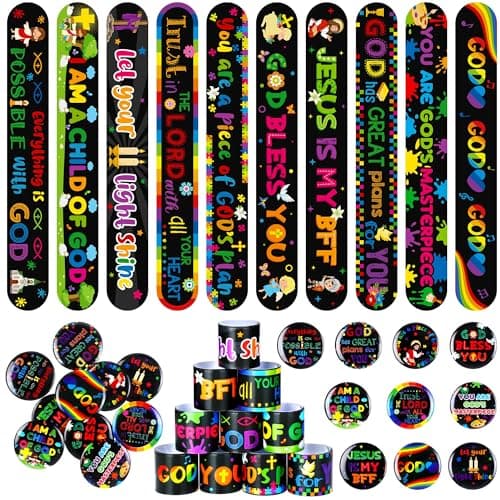 Frienda 60 Pcs Christian Easter Gifts for Kids Religious Slap Bracelets with Badges Christian Gifts Jesus Love You Wristbands Bracelets for VBS Sunday School Supplies Birthday Party FavorsJesus