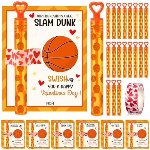 Rotatingpals 32 Pack Basketball Bubble Wands with Valentines Day Cards Basketball Themed Party Favors Birthday Bubble Wand Bulk for School Outdoor Classroom Party Supplies Goodie Bags Filler