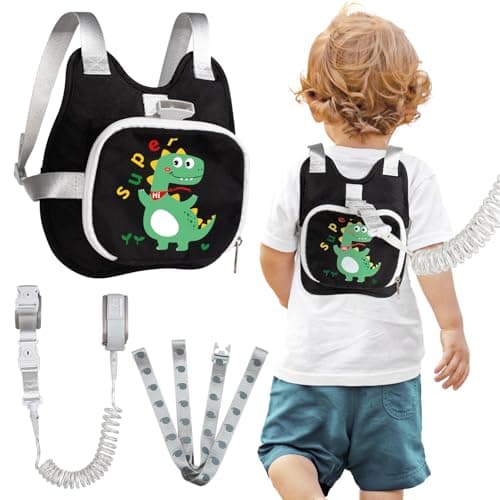 Toddler Harness Backpack Leash with Wrist Link Cute Dinosaur AntiLost Walking Strap for Kids Foldable Adjustable Child Safety Belt for Boys GirlsBlack