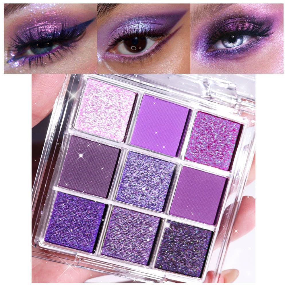 evpct 9 Colors Purple Glitter Eyeshadow Palette Lavender Violet Purple Pink Glitter Metallic Shimmer Sparkly Eye Shadow Palette Makeup for Older Women Blue Eyes Highly Pigmented Waterproof eyeshadow