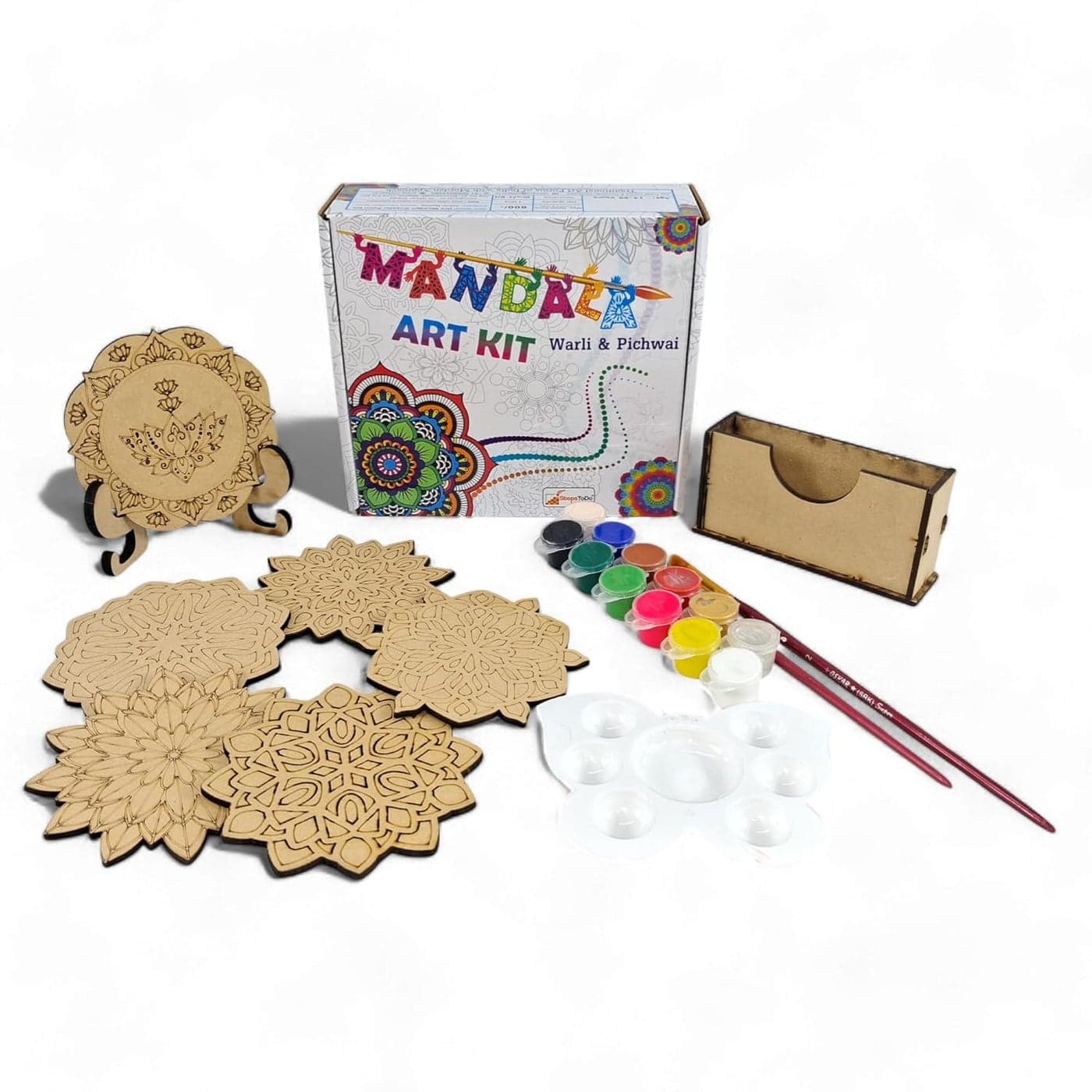 StepsToDo Wooden Mandalas Paint Kit C. Tea Coaster Set. Mandal Art. Set of 6 of Wooden Base of 4 inch. with Wooden Case, Colours, Painting Brush and Dish