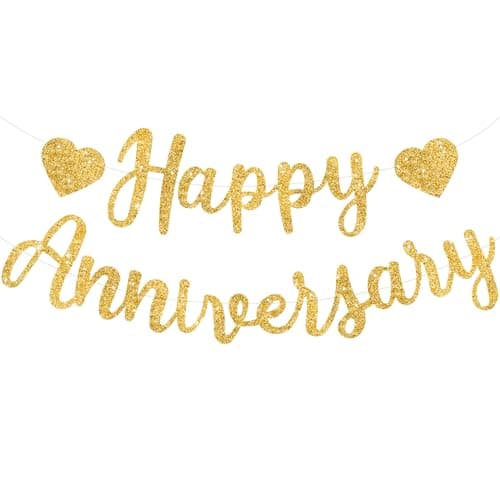 BEISHIDA Gold Happy Anniversary Banner PreStrung Gold Glitter Happy Anniversary Sign for Wedding Party Decorations