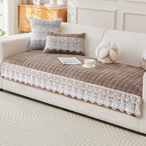 HOKIPO 'BelleLace Series' Imperial Milk Velvet Sofa Cover Mat with Lace Design| Make Your Own Sofa Cover Set, Mat Length 90(D) x 120(L) cm, Mocha Brown (AR-5964-BRN)