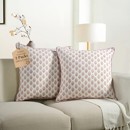 CPC Throw Piping Pillow Covers for Couch, 18x18 Inch Pillows for Living Room, 100% Cotton Boho Cute Outdoor Pillows, Flower Cusion Covers Gift for Christmas, Thanksgiving - Cottage Mauve Bloom