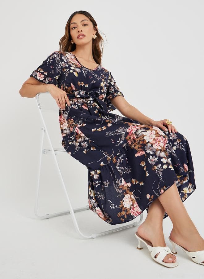 Take Two Women Navy Blue Floral Print Ruffle Trim A-Line Midi Dress with Tie Waist — L