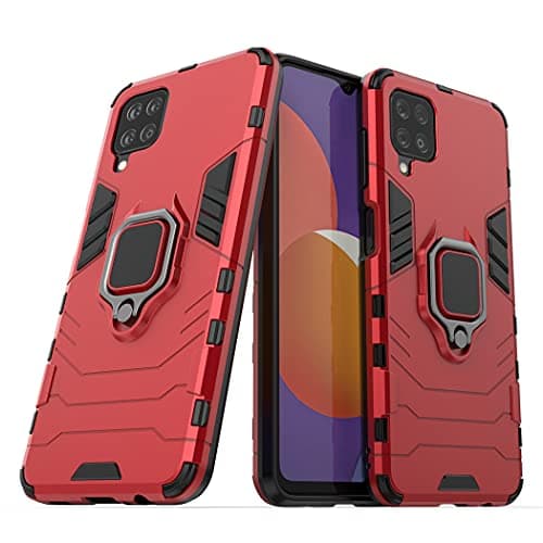 Compatible with Samsung Galaxy A12 Galaxy M12 Case Metal Ring Grip Kickstand Shockproof Hard Bumper Works with Magnetic Car Mount Dual Layer Rugged Cover Red