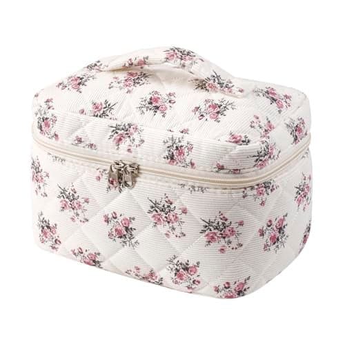 RSRSLEII Large Quilted Corduroy Makeup Bag for Women and Girls Cute Coquette Floral Cotton Cosmetic Bag Aesthetic Travel Organized Toiletry Bags Corduroy Pink