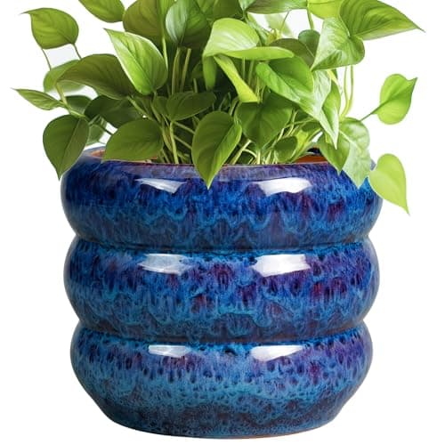 SQOWL Ceramic Planter Pot - 8 Inch Plant Pot Indoor with Drainage Hole Round Outdoor Pot for Plants Decorative Flower Pots Round Planter for Home Room Decor Blue