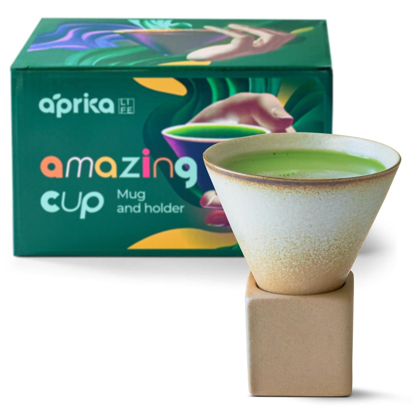 aprikalife Japanese Pottery Coffee Mug with Base 200ml Ceramic Handmade Triangle Cone Funnel Shaped Retro Tea Cup Dishwasher Microwave Safe Coffee Cup for Tea Cocoa Espresso Latte