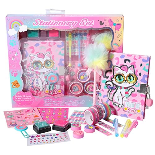 YOYTOO Cat Diary for Girls with Lock Cat Stationery Set with Secret Diary Stamps Pens Journal Notebook Birthday Gifts for Little Girls Age 5 6 7 8 9 10