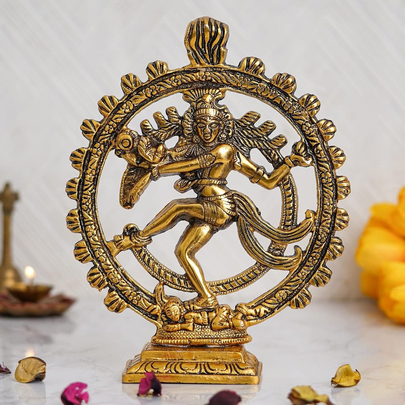 Webelkart Premium Gold Plated Lord Shiva Dancing NatrajNataraja Statue Handcrafted Sculpture for Home and Puja Decor nataraj Statue for Home95 Inches Gold 560 GramsAluminium