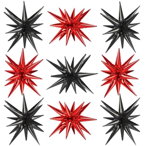 9 PCS Black Red Star Balloons Foil OnePiece 22 Inch Explosion Spike Balloons Large Mylar Cone Metallic Balloon for Birthday Halloween Christmas Casino Party Decorations