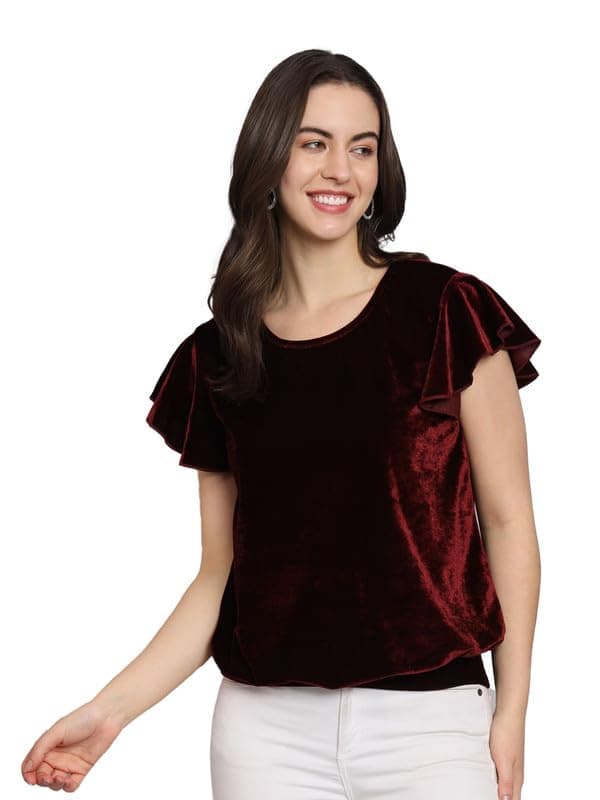 Vaararo Party Top for Women | Shiny Velvet Short Sleeves with Ruffles Stylish Outfit Maroon XX-Large