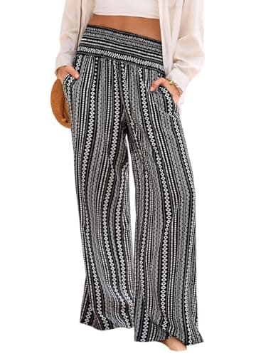 Dokotoo Women's Summer Boho Floral Bagyy Pants Wide Leg High Smocked Waist Palazzo Pants for Women 2025 Spring Trendy Casual Boho Chic Clothing Travel Resort Wear Lounge Trousers Black