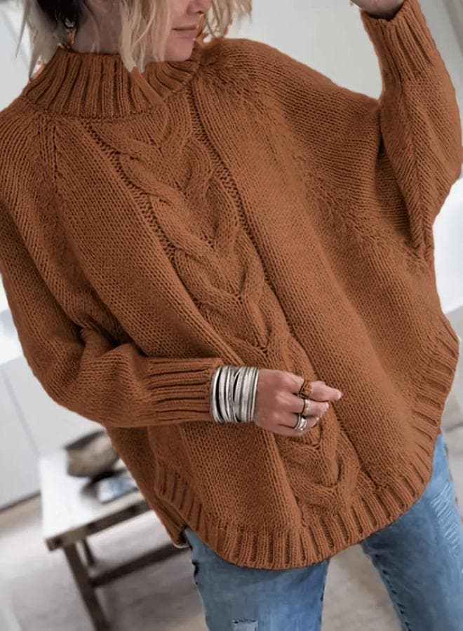 Take Two Plus Size Solid High Neck Cable Knit Sweater — 22