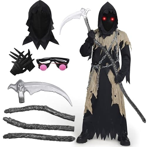 Spooktacular Creations Glowing Eyes Kids Grim Reaper Costume Halloween Costume for Boys Grim Reaper Outfit