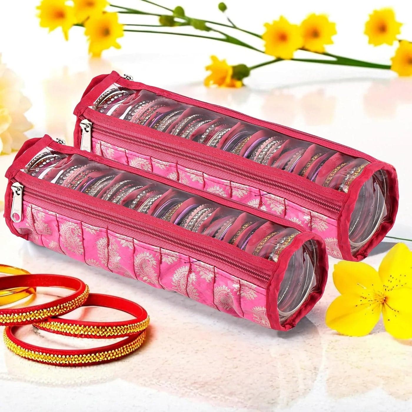 Kuber Industries Pack of 2 Bangles Organisers Storage Box with 10 Compartments Gold Jewellery Pouch Chudi Case Holder for Women Printed Pink