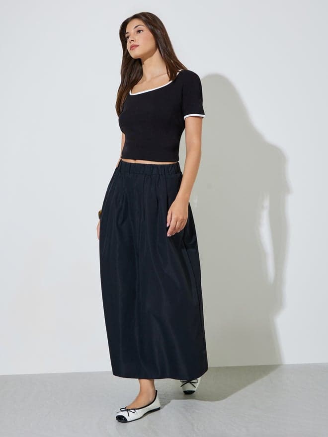 Styli Black Elastic Waistband A-Line Maxi Skirt