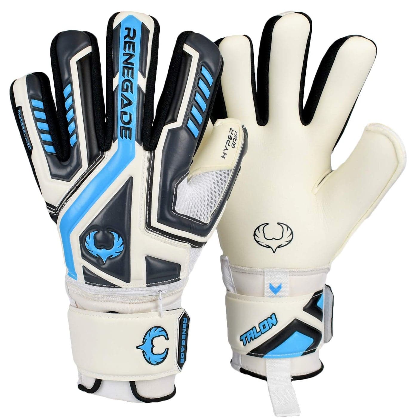 Renegade GK Talon Cryo Goalie Gloves with ProTek Finger Spines 353mm Hyper Grip 4mm Duratek White Gray Blue Soccer Goalkeeper Gloves Size 7 Youth Negative Cut Level 2