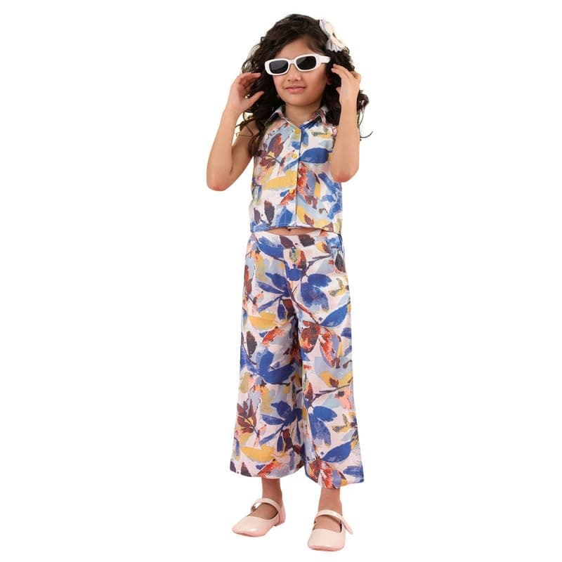 superminis Girls Coordinated Set With Printed Rayon Crop Top and Pant (10-12 Years, Blue)
