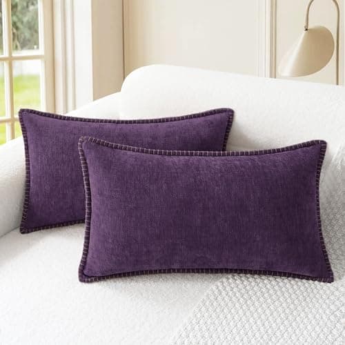CaliTime Throw Pillow Covers Decorative 12 X 20 Inches Pack of 2 Cotton Thread Stitching Edges Solid Dyed Soft Chenille Cushion Cases for Couch Sofa Bed Living Room Farmhouse Plum Purple