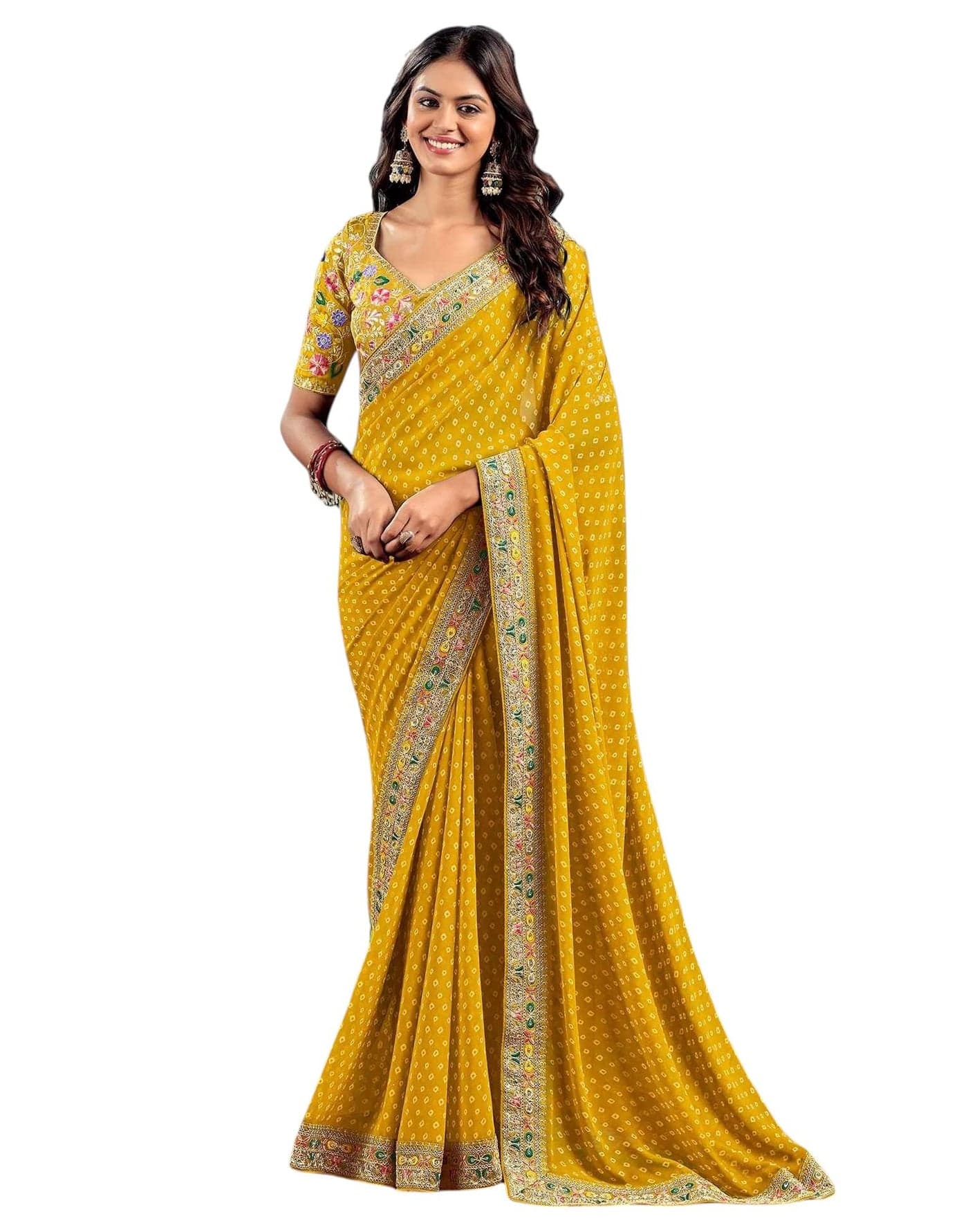 Shiv Textiles Women's Georgette Bandhani Print Saree(VND-509-MUSTARD)