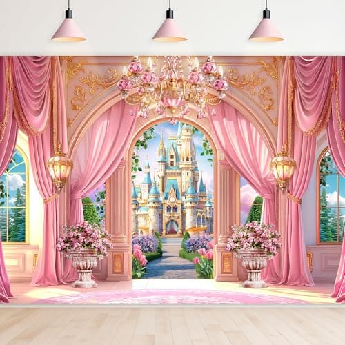 Newsely Princess Castle Garden Backdrop 7Wx5H Photography Pink Palace Curtain Floral Green Plants Cloud Crystal Lamp Sky Cute Background Girly Party Decorations Banner Photo Booth Props Supplies