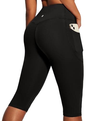 Heathyoga Capri Leggings with Pockets for Women Tummy Control Knee Length Leggings Yoga Pants Women Capri Pants Workout Black