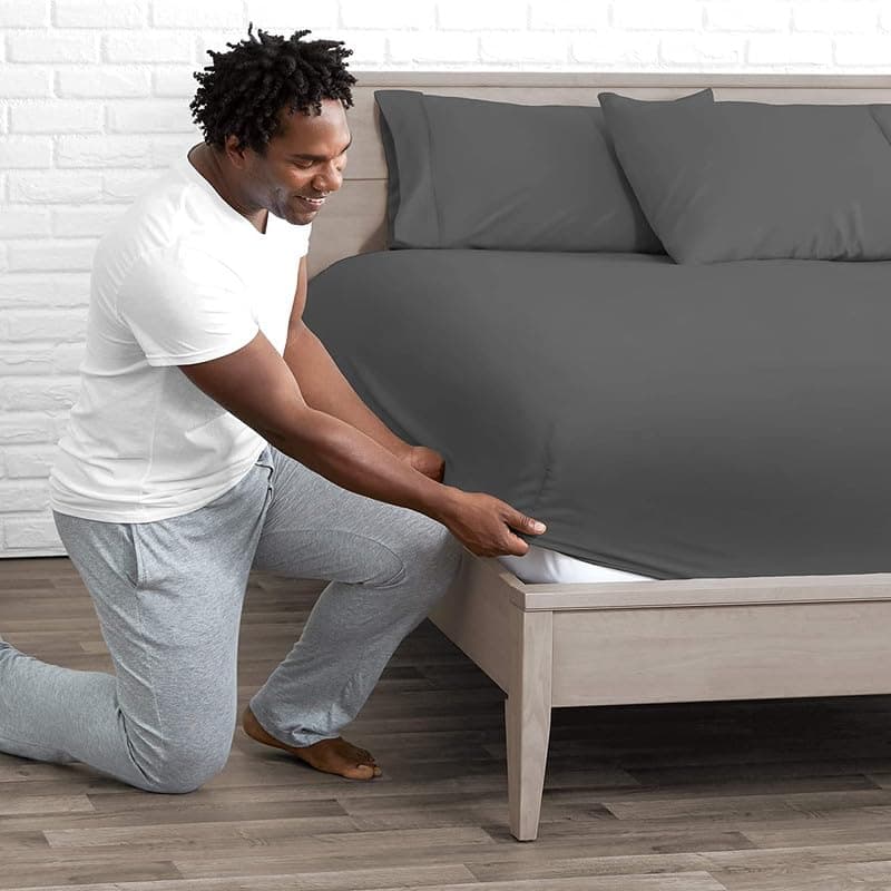 Elegio Ultra Soft Brushed Microfibre Solid Colour Fitted Queen Bedsheet with 2 Pillow Covers Shrinkage Fade Resistant Plain Colour Bedsheet Fits Upto 8 inch Mattress 60x78 Inches Dark Grey