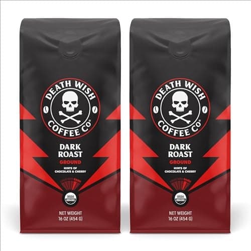 Death Wish Coffee Dark Roast Grounds 16 Oz 2 Packs of Bold Intense Blend of Arabica Robusta Beans USDA Organic Ground Coffee Pack of 2