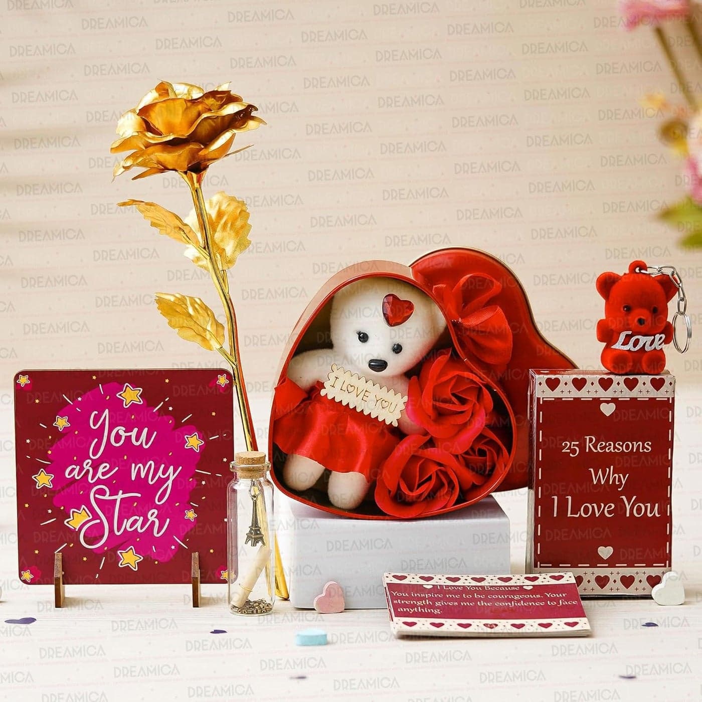 Dreamica Teddy Tin Box Showpiece with You are My Star Standee Artificial Rose Message Bottle I Love You Cards and Love Keychain Best Valentine Gift Combo Set