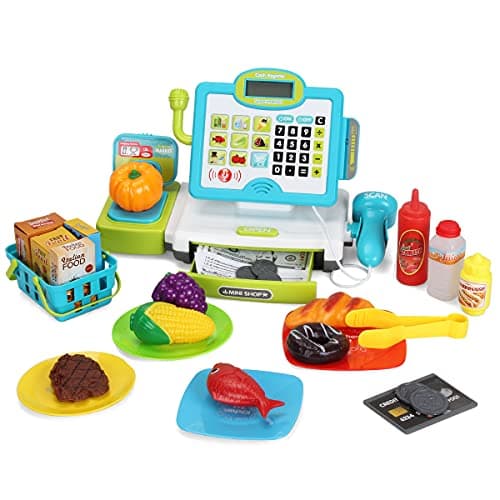 FS Pretend Play Cash Register Toys with Scanner Calculator Large Drawer Microphone Play Food Supermarket Cashier Register Toy PreSchool Gift for Kids Toddlers Boys Girls Ages 3 4 5 6 7 8