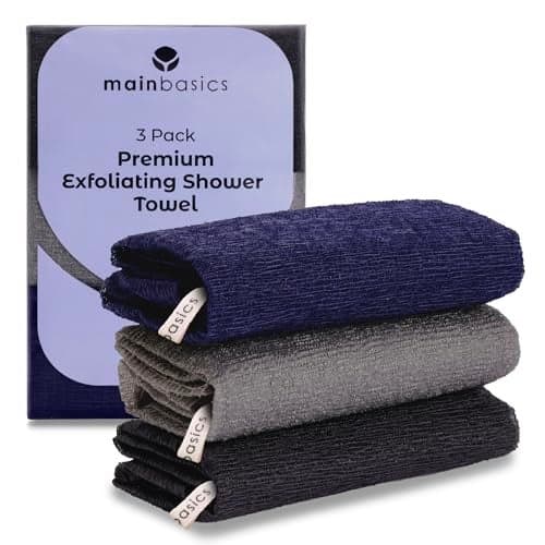 MainBasics Exfoliating Shower Towel - Japanese Nylon Bath Towel and Body Washcloth, Quick-Dry, Durable, Deep Exfoliation (Set of 3, Black Ice)