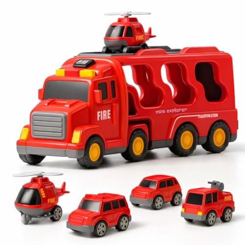 Mini Explorer 5-in-1 Fire Truck Toy Set for Kids | Fire Car Carrier Vehicle with Lights & Sound | Emergency Rescue Transport Toy for Toddlers Girls Boys Ages 1 6 Years, Red