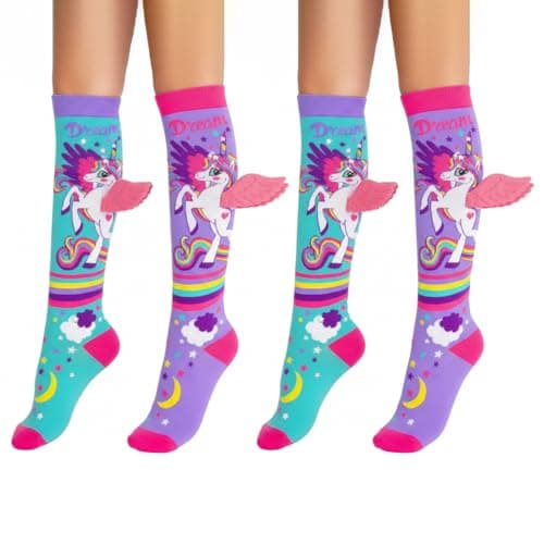 Girl’s Knee-High Socks 3D Design Unicorn Printed Soft Wings Colorful Long Socks Comfortable and Stretchy - Age of 3 to 12 Years (2, Unicorn with Wings)