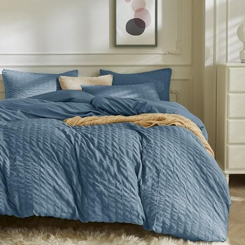 JELLYMONI Sierra Blue Duvet Cover King Size, 3pcs Washed Microfiber Bedding Set, Soft Breathable Seersucker Duvet Cover Set with Zipper Closure and Corner Ties for All Seasons