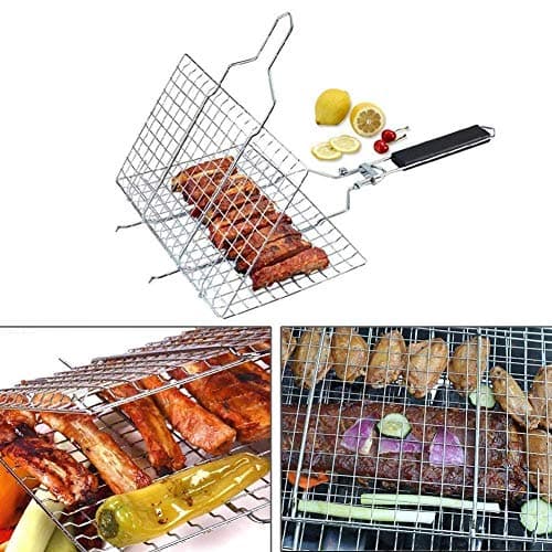 PYU Barbecue BBQ Grill Net Basket for Fish, Vegetables, Steak, Shrimp, Chops and Other Food Chromium Plated Barbecue BBQ Grill Net Basket with Wooden Handle