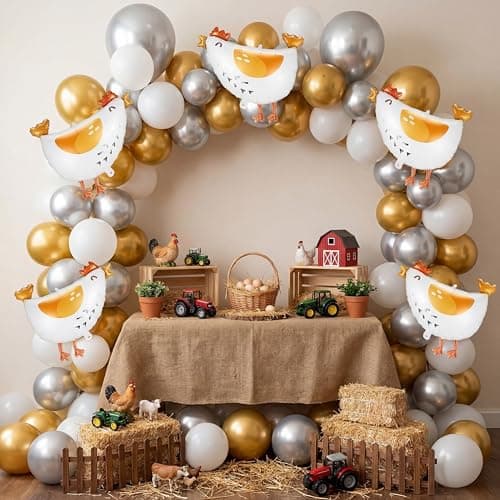 LaRandom 108 Pcs Chicken Party Decorations Farm Animals Hen Balloon Arch Garland Kit White Silver Gold Foil Latex Balloons for Chicken Birthday Baby Shower Party Decorations Supplies