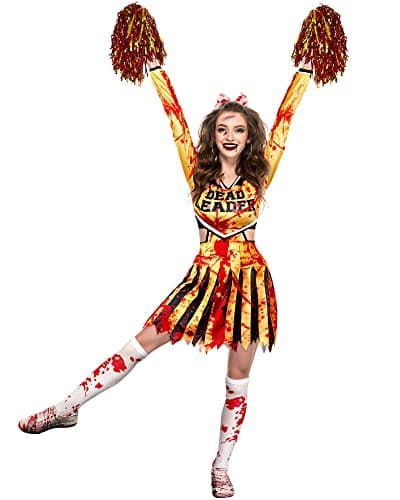 Jecery Zombie Cheerleader Costume Women Halloween Cheerleader Costume Metallic Foil Cheer Pom Poms Socks Bloody Bow CosplayMedium