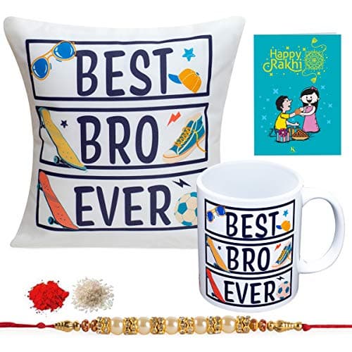 Kaameri Bazaar Raksha Bandhan Gift for Brother | Best Brother Quote Printed Cushion Cover with Filler, Coffee Mug, Rakhi, Tilak & Greeting Card