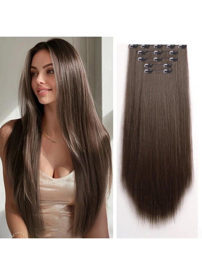 Dark Brown Clip in Hair Extensions 26 Inch Invisible Long Synthetic Extension 5PCS Straight Fake Heat Resistant Clips on Hairpieces for Women Girls Weddings Party Daily Use Full Head 8.1 Oz