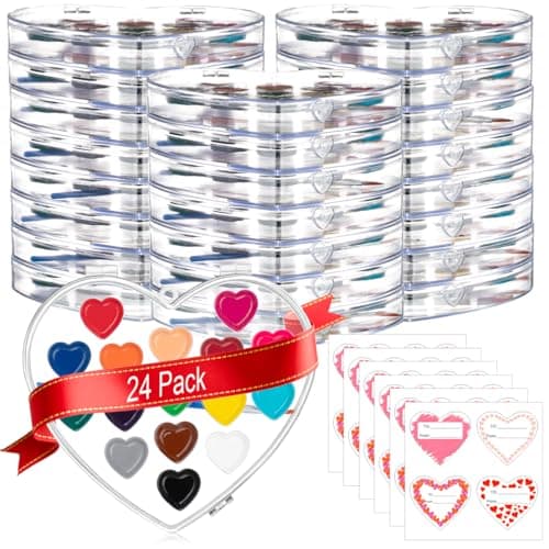 ARTLYMERS 24Pack Watercolor Paint Set 16Colors Heart Water Color Paint Sets for Kids with Paintbrush Washable Valentines Gifts Art Supplies for Preschool Classroom Party Favor Prizes Exchange