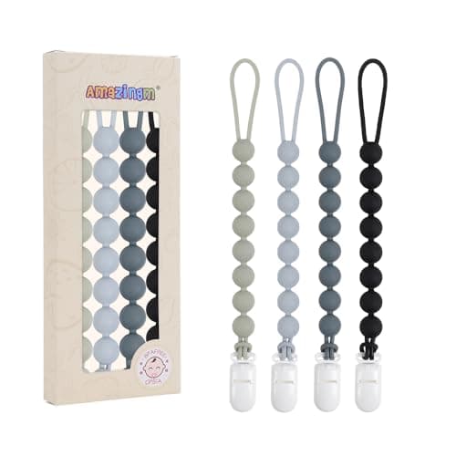 4 Pcs Gray Baby Silicone Teething Pacifier Clip,One-Piece Design,Round Shape,Smooth Surface,BPA Free.