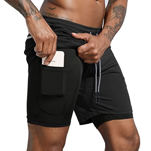 Leidowei Men's 2 in 1 Workout Running Shorts Lightweight Training Yoga Gym 7" Short with Zipper Pockets Black XL