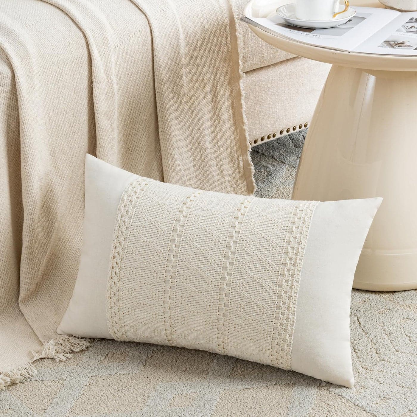 Fancy Homi Set of 1 Boho Cream Lumbar Decorative Throw Pillow Cover 12x20 Inch for Couch Bed Sofa Chair Modern Organic Farmhouse Home Decor Soft Cotton Cute Accent Rectangle Cushion Case