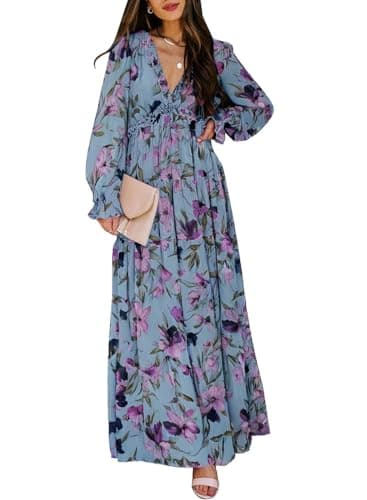 BLENCOT Women's Casual Boho Floral Printed Deep V Neck Loose Long Sleeve Long Evening Dress Ruched Cocktail Party Maxi Wedding Dress Blue Small