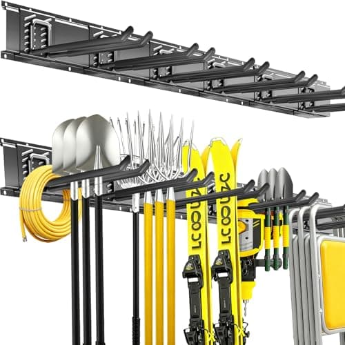 CRXCRC Garage Tool Organizer Wall Mount, 48inch Heavy Duty Garden Tool organizer Storage System, Easy Install With 6 Adjustable Bilayer Hooks, For Garage, Basement, Shed, Workshop(Black)