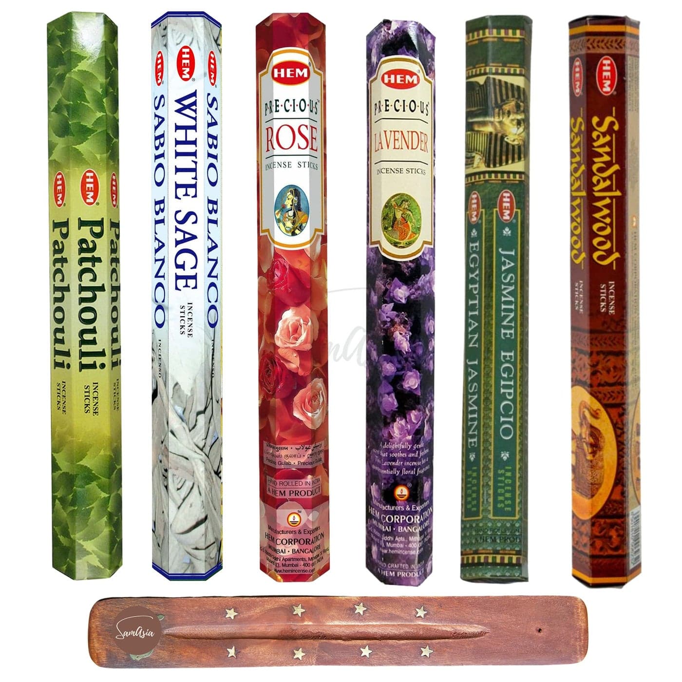 HEM Incense Sticks 6 unique and premium flavours Patchouli White Sage Precious Rose Precious Lavender Egyptian Jasmine and Sandalwood with SAMASIA incense holder