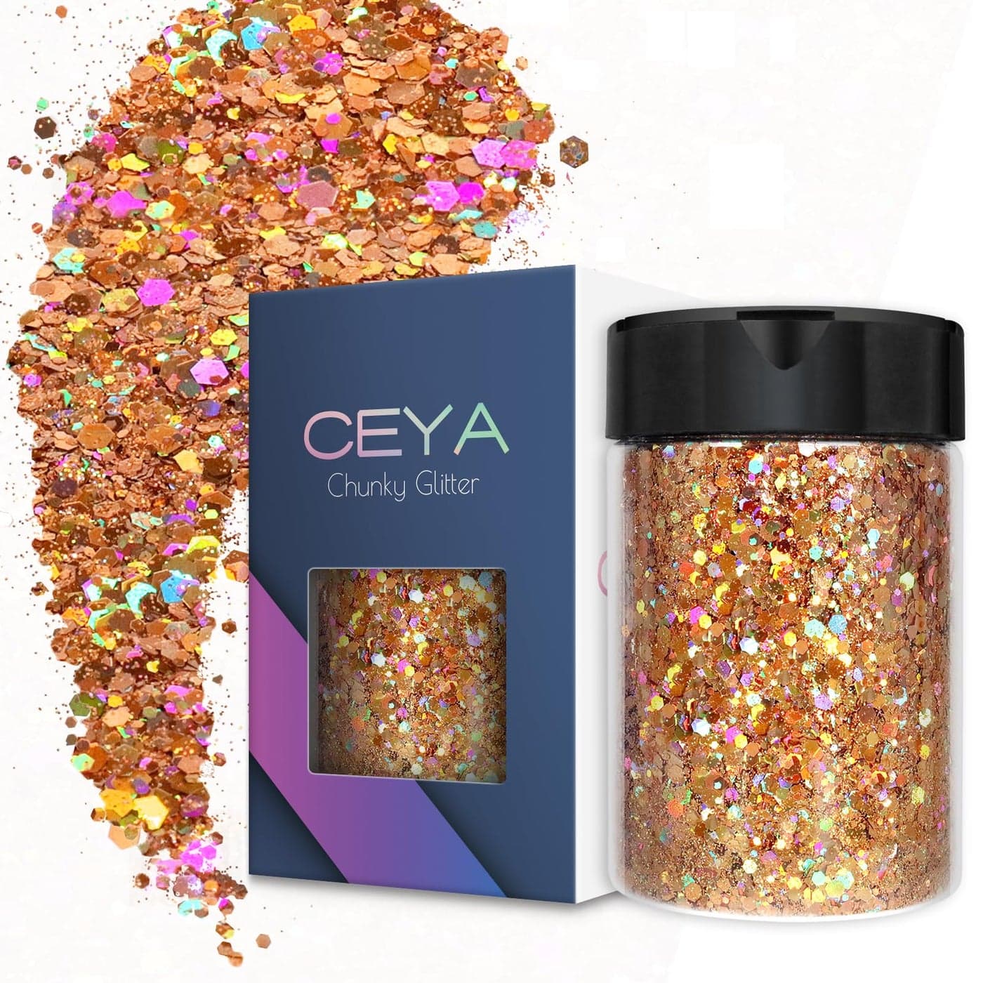 Ceya Holographic Chunky Glitter 49oz 140g Rose Gold Craft Glitter Powder Mixed Chunky Fine Flakes Iridescent Nail Sequins for Nail Hair Epoxy Resin Tumblers Slime Painting Festival Decor