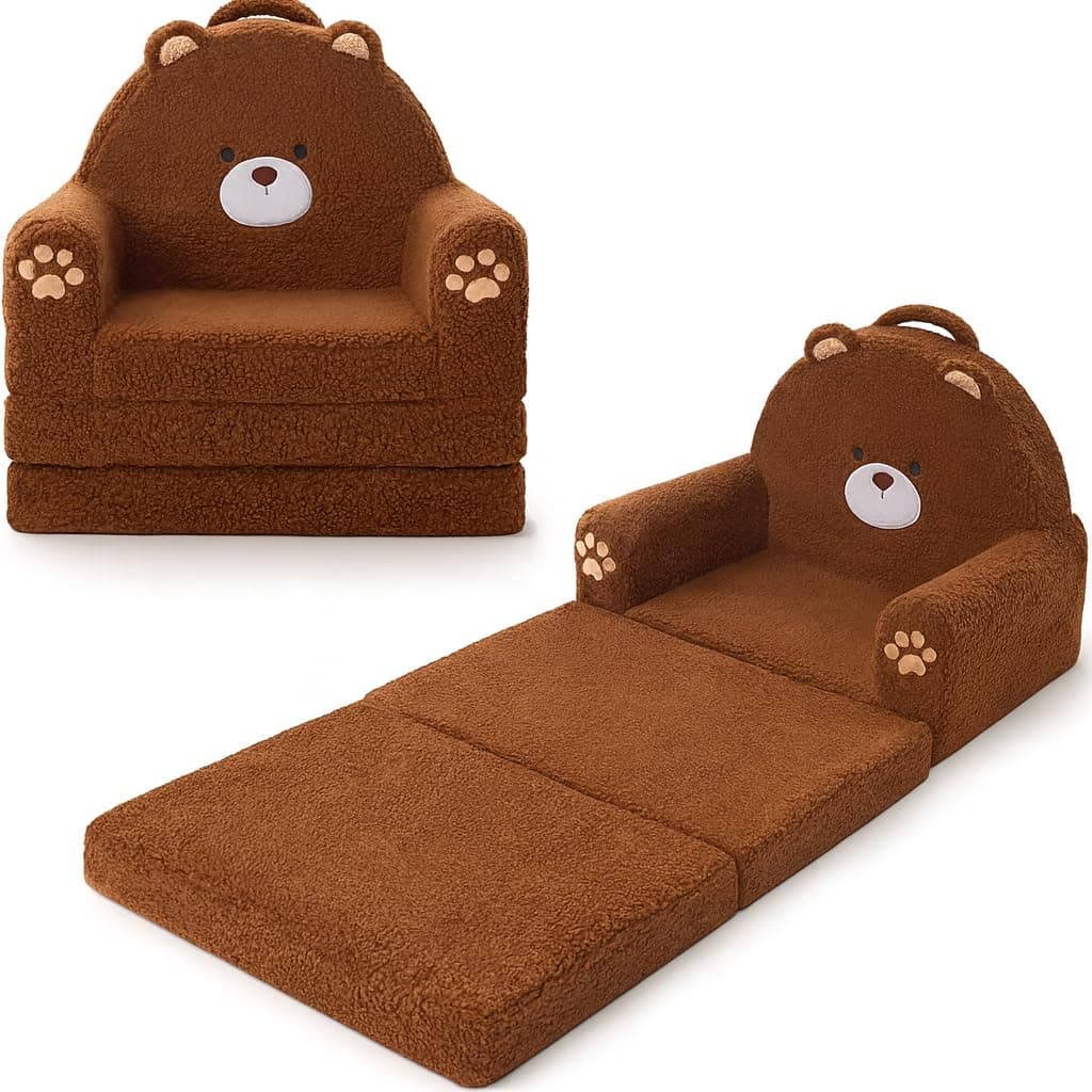 MOONBEEKI 2in1 Foldable Toddler Couch Soft Sherpa Fabric with Washable Cover Convertible Sofa to Lounger Kids Sofa for Playroom Bedroom Living Room Birthday Gift Ages 13 Bear Medium